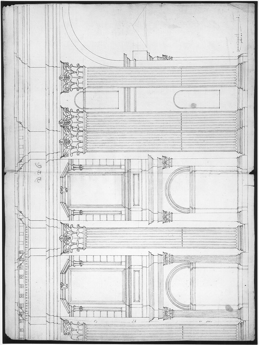 Saint Peter's, apse, exterior elevation (recto) blank (verso), Drawn by Anonymous, French, 16th century, Dark brown ink, black chalk, and incised lines
