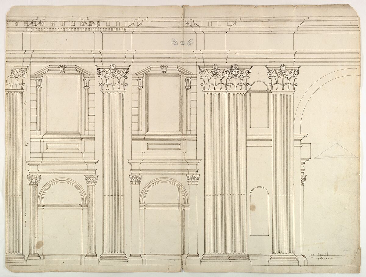 Saint Peter's, apse, exterior elevation (recto) blank (verso), Drawn by Anonymous, French, 16th century, Dark brown ink, black chalk, and incised lines 