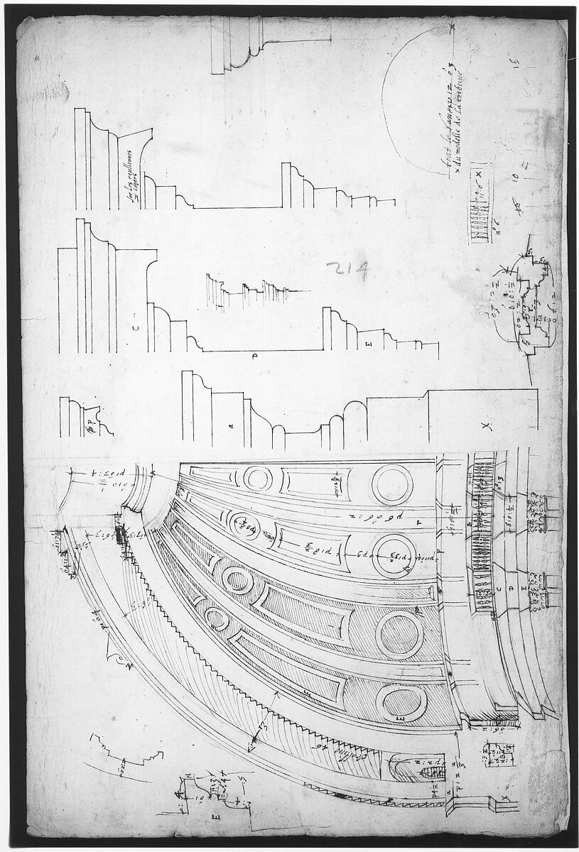 St. Peter's, dome and drum, interior section and elevation, and labeled details (recto); St. Peter's, moulding profiles, details  (verso), Attributed to Etienne DuPérac (French, ca. 1535–1604), Pen and brown ink, black chalk, and incised lines