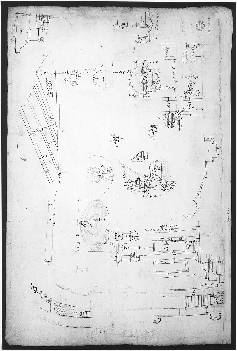 St. Peter's, dome and drum, interior section and elevation, and labeled details (recto); St. Peter's, moulding profiles, details  (verso), Attributed to Etienne DuPérac (French, ca. 1535–1604), Pen and brown ink, black chalk, and incised lines