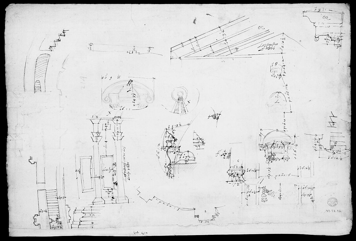 St. Peter's, dome and drum, interior section and elevation, and labeled details (recto); St. Peter's, moulding profiles, details  (verso), Attributed to Etienne DuPérac (French, ca. 1535–1604), Pen and brown ink, black chalk, and incised lines