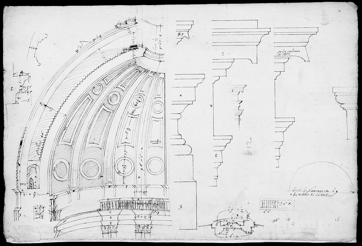 St. Peter's, dome and drum, interior section and elevation, and labeled details (recto); St. Peter's, moulding profiles, details  (verso), Attributed to Etienne DuPérac (French, ca. 1535–1604), Pen and brown ink, black chalk, and incised lines