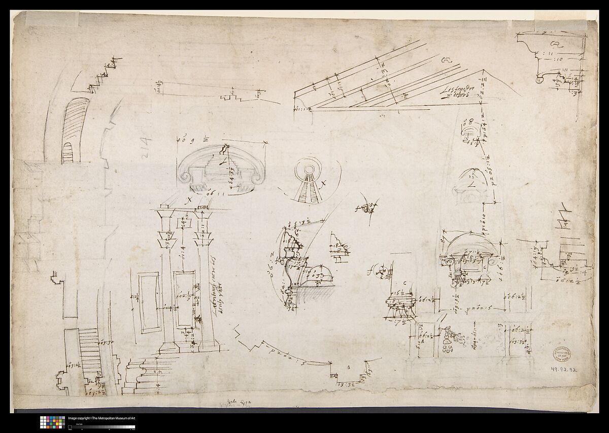 St. Peter's, dome and drum, interior section and elevation, and labeled details (recto); St. Peter's, moulding profiles, details  (verso), Attributed to Etienne DuPérac (French, ca. 1535–1604), Pen and brown ink, black chalk, and incised lines