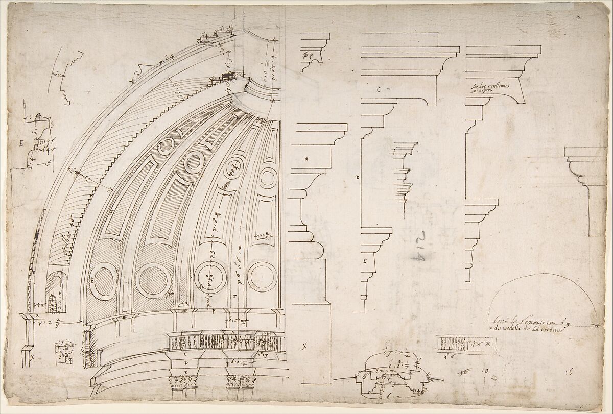 St. Peter's, dome and drum, interior section and elevation, and labeled details (recto); St. Peter's, moulding profiles, details  (verso), Attributed to Etienne DuPérac (French, ca. 1535–1604), Pen and brown ink, black chalk, and incised lines 