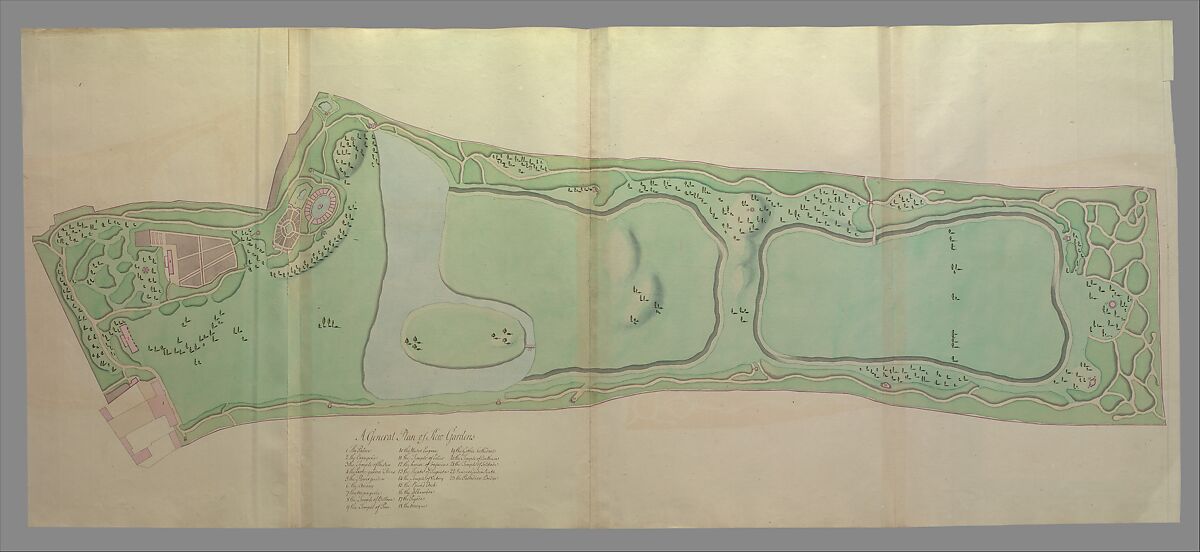 General Plan of the Gardens at Kew, Sir William Chambers (British (born Sweden), Göteborg 1723–1796 London), Watercolor, pen and ink 