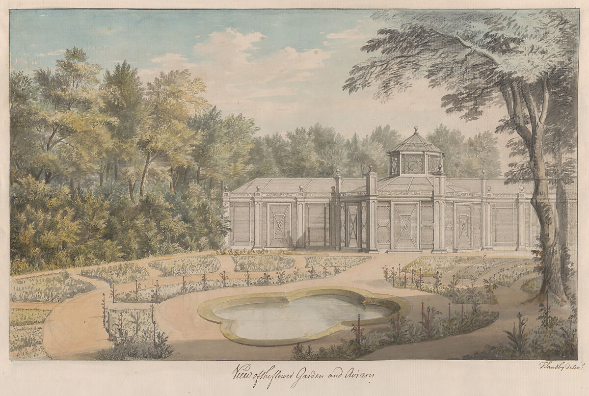 View of the Flower Garden and Aviary at Kew, Thomas Sandby (British, baptized Nottingham 1723–1798 Windsor), Watercolor