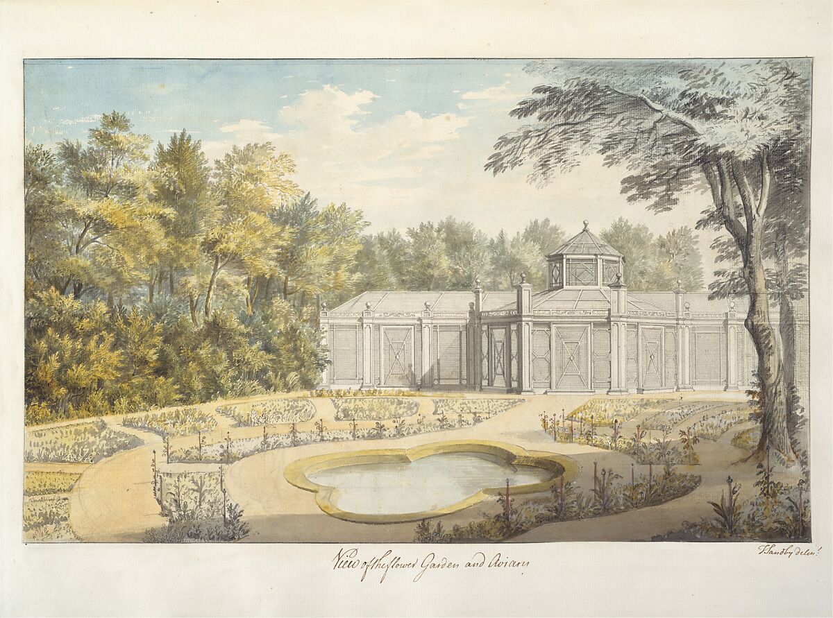 View of the Flower Garden and Aviary at Kew, Thomas Sandby (British, baptized Nottingham 1723–1798 Windsor), Watercolor 