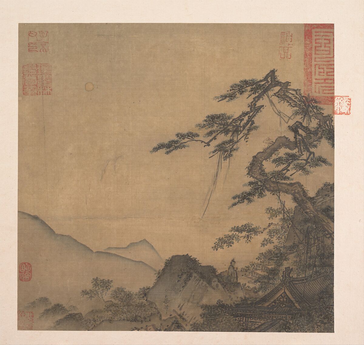 Landscape with great pine, Ma Lin (Chinese, ca. 1180– after 1256), Album leaf; ink and color on silk, China 