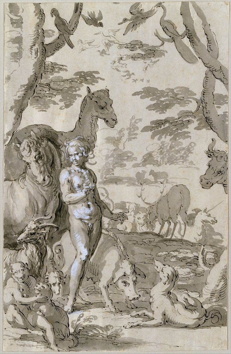 Adam in the Garden of Eden, Naming the Animals, Joachim Wtewael (Netherlandish, Utrecht 1566–1638 Utrecht), Pen and black ink, brush and gray wash, heightened with white