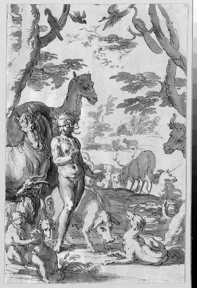 Adam in the Garden of Eden, Naming the Animals, Joachim Wtewael (Netherlandish, Utrecht 1566–1638 Utrecht), Pen and black ink, brush and gray wash, heightened with white
