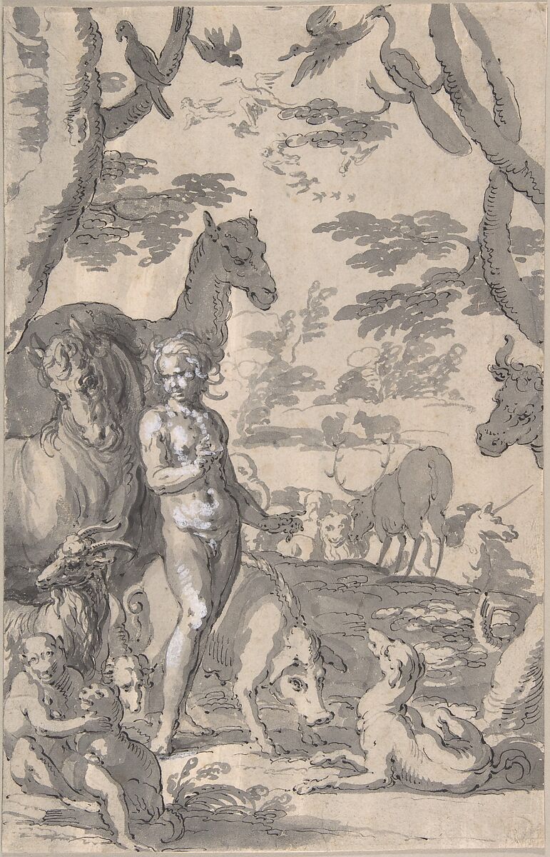 Adam in the Garden of Eden, Naming the Animals, Joachim Wtewael (Netherlandish, Utrecht 1566–1638 Utrecht), Pen and black ink, brush and gray wash, heightened with white 