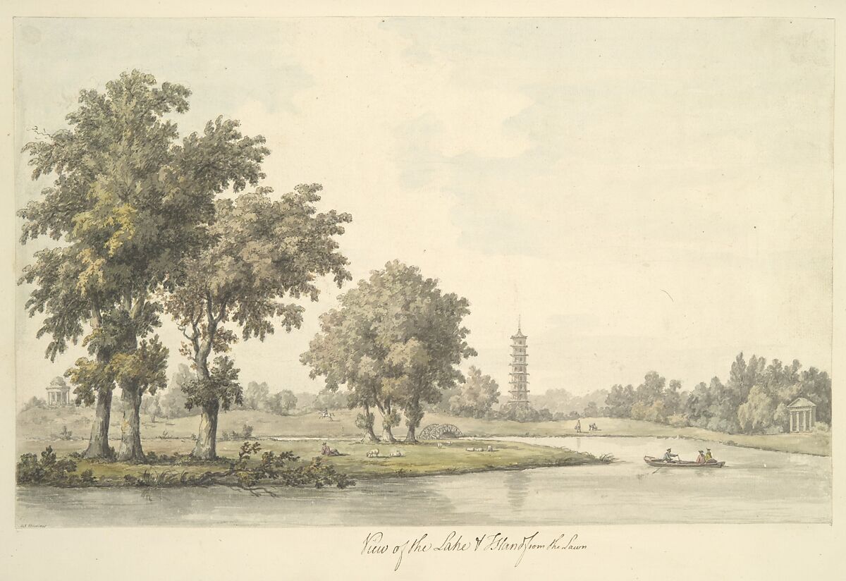 View of the Lake and the Island from the Lawn at Kew, William Marlow (British, Southwark, London 1740/41–1813 Twickenham, London), Watercolor 