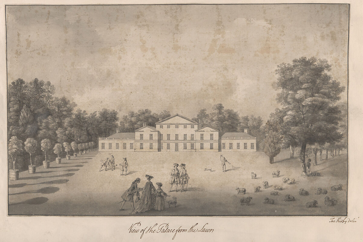View of the Palace from the Lawn at Kew, Joshua Kirby (British, Parham, Suffolk 1716–1774 Kew Green, Surrey), Pen and ink, brush and wash 