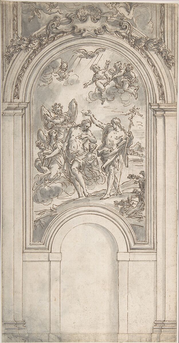 Design for a Baptism of Christ in an Architectural Setting, Sir James Thornhill (British, Woolland, Dorset (?) 1675/76–1734 Stalbridge, Dorset), Pen and brown ink, brush and gray wash over slight traces of black chalk 
