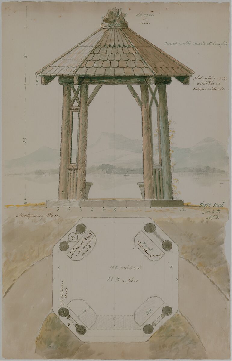 Shore Seat for Montgomery Place, Annandale-on-Hudson, New York (elevation and plan), Alexander Jackson Davis (American, New York 1803–1892 West Orange, New Jersey), Pen and brown ink and watercolor