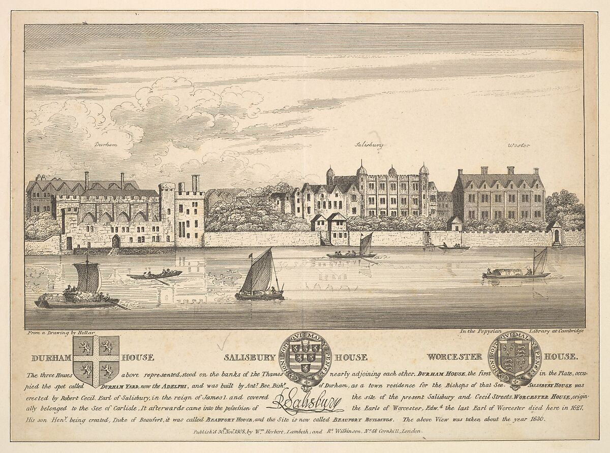 Durham House, Salisbury House and Worcester House on the Thames, After Wenceslaus Hollar (Bohemian, Prague 1607–1677 London), Etching and engraving 