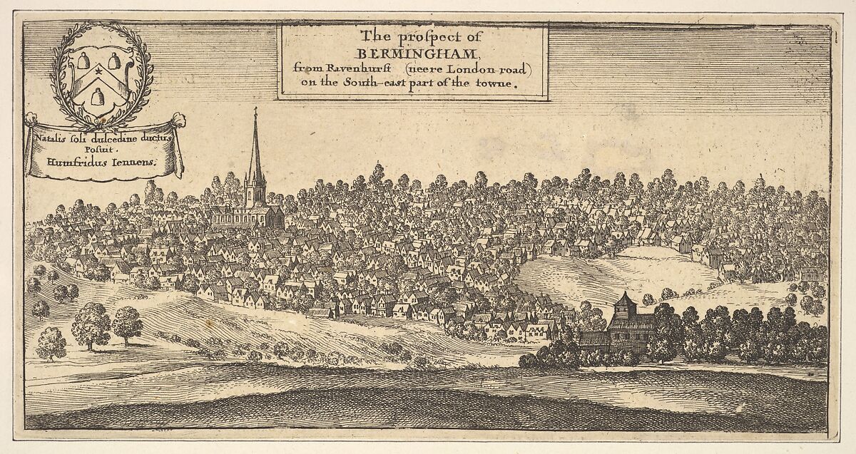 The Prospect of Bermingham [Birmingham], from Ravenshurst (neere London-road) on the South-east part of towne (from Dugdale's "The Antiquities of Warwickshire," 1656, p. 957), Wenceslaus Hollar (Bohemian, Prague 1607–1677 London), Etching 