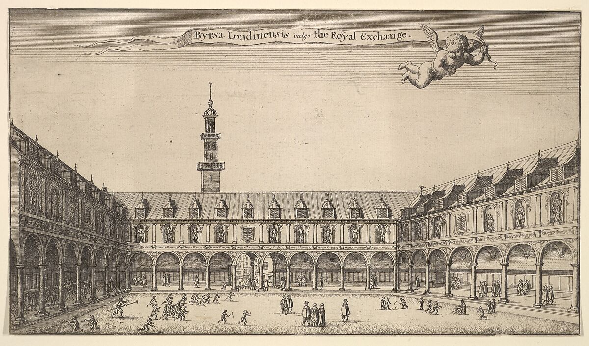 Byrsa Londinensis vulgo the Royal Exchange (Royal Exchange, London), Wenceslaus Hollar (Bohemian, Prague 1607–1677 London), Etching, presumably second state of two with number trimmed off margin 