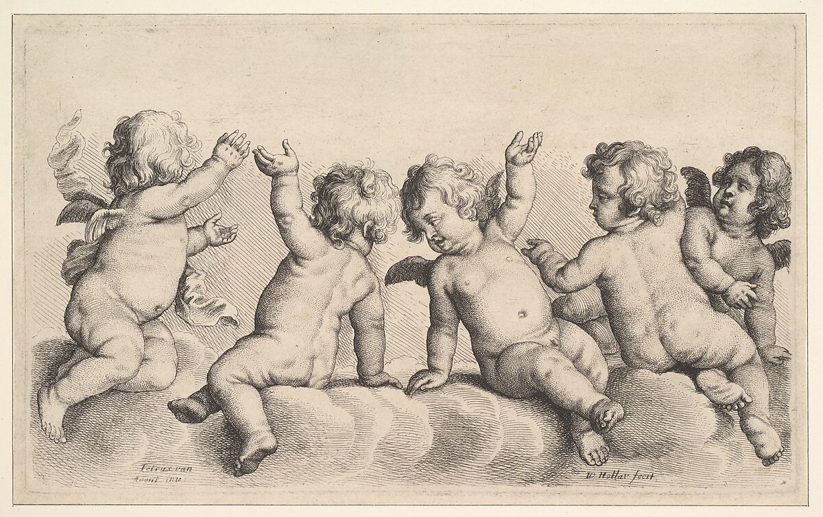Three Cherubs and Two Boys on Clouds, Wenceslaus Hollar (Bohemian, Prague 1607–1677 London), Etching; first state of two 