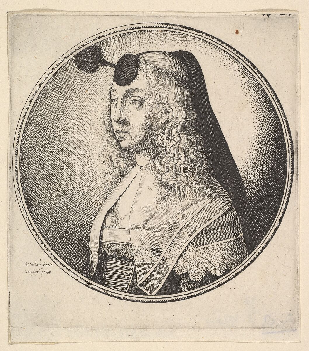 Woman with houpette on forehead turned to left, Wenceslaus Hollar (Bohemian, Prague 1607–1677 London), Etching; second state of two 