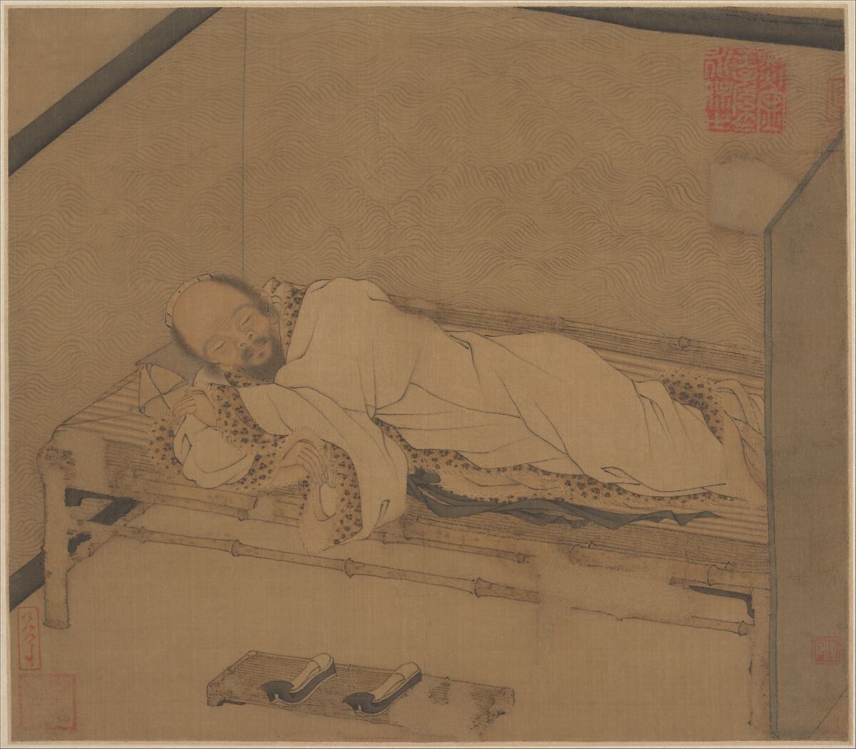 Man Sleeping on a Bamboo Couch, Unidentified artist Chinese, late 14th–early 15th century, Album leaf; ink and color on silk, China 