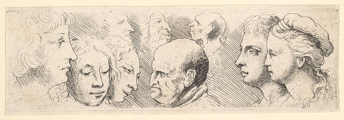 Nine Heads, Wenceslaus Hollar (Bohemian, Prague 1607–1677 London), Etching; only state 