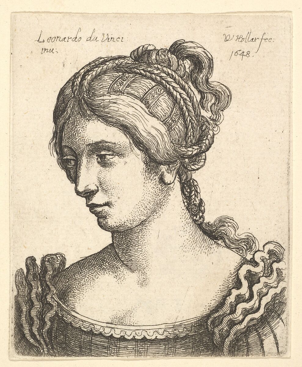 Bust of a woman looking downwards towards left with elaborately decorated hair, Wenceslaus Hollar (Bohemian, Prague 1607–1677 London), Etching; only state 