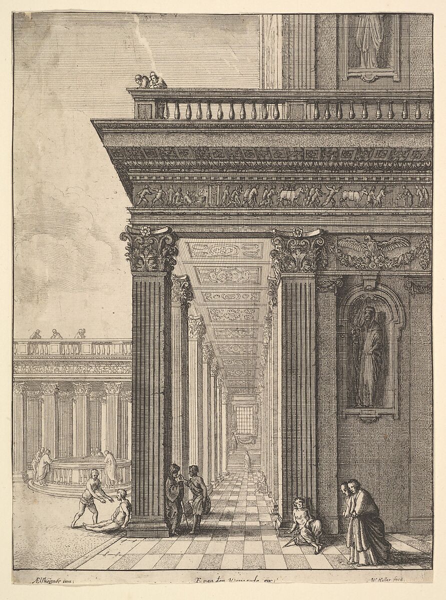 Temple colonnade and courtyard with figures, Wenceslaus Hollar (Bohemian, Prague 1607–1677 London), Etching; second state of three 