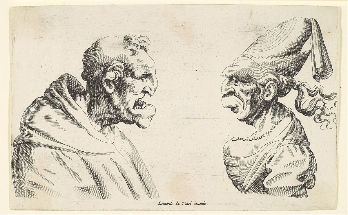 Two Grotesque Heads, Anonymous, Netherlandish, 17th century, Etching; only state