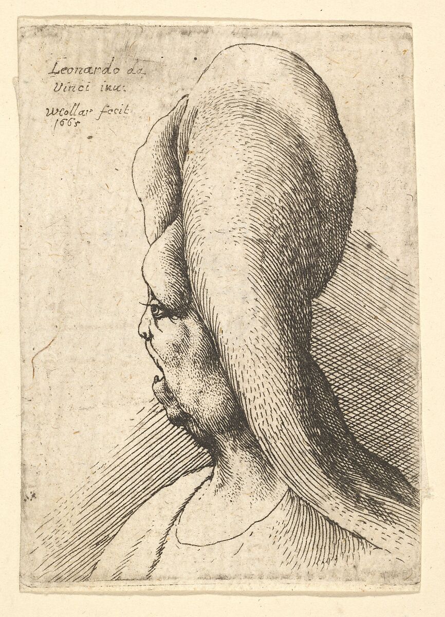 Wenceslaus Hollar, Bust of a woman wearing low-cut dress, with protruding  lipd, growth on her forehead, prominent breast, long flowing hair down her  back, in profile to left.