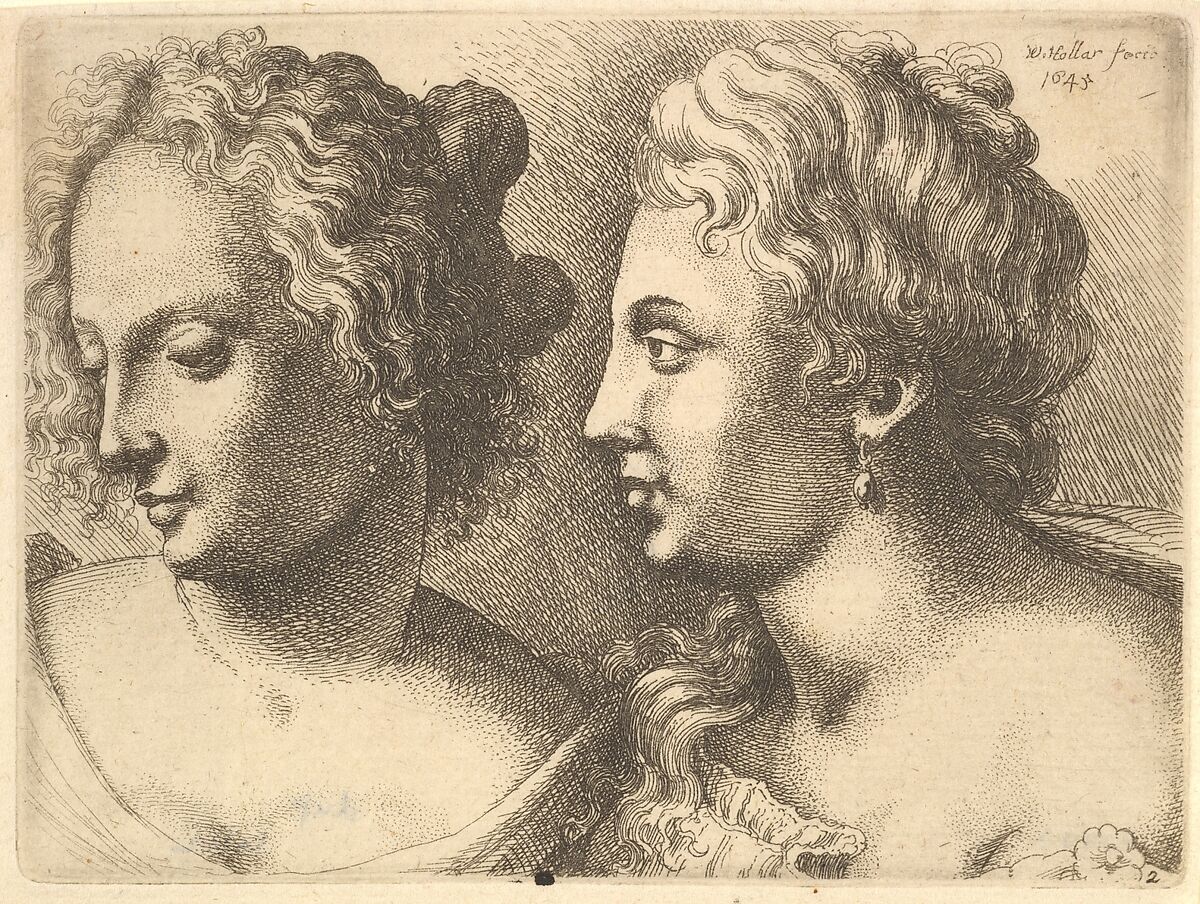 Heads of two young women, Wenceslaus Hollar (Bohemian, Prague 1607–1677 London), Etching; second state of two; later printing 