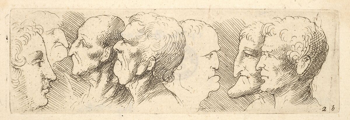 Head studies, Wenceslaus Hollar (Bohemian, Prague 1607–1677 London), Etching; second state of two; later printing 