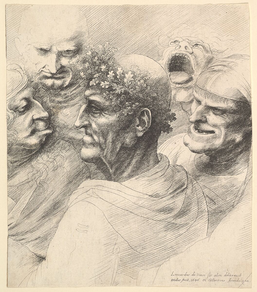 Five grotesque heads, including an elderly man with an oak leaf wreath, Wenceslaus Hollar (Bohemian, Prague 1607–1677 London), Etching; only state 