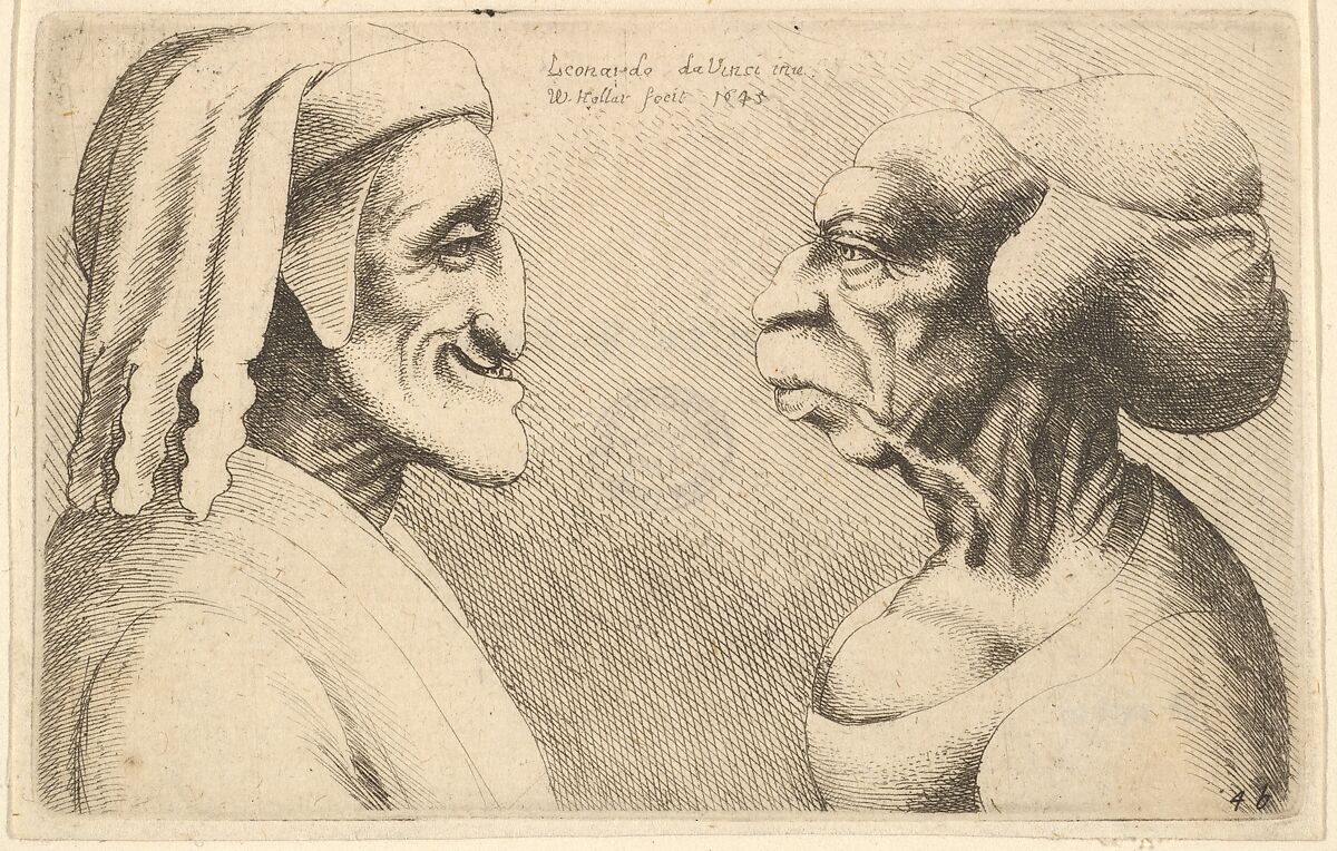 Two deformed heads (the figure on the left is possibly a caricature of Dante), Wenceslaus Hollar (Bohemian, Prague 1607–1677 London), Etching; second state of two 