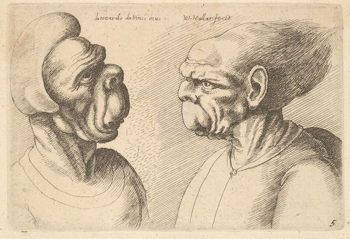 Two deformed heads facing inwards, Wenceslaus Hollar (Bohemian, Prague 1607–1677 London), Etching; second state of two 