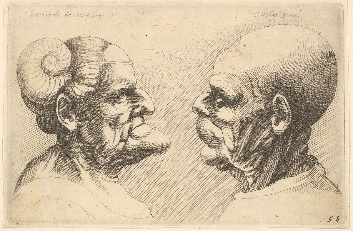 Two deformed heads facing each other, Wenceslaus Hollar (Bohemian, Prague 1607–1677 London), Etching; second state of two 