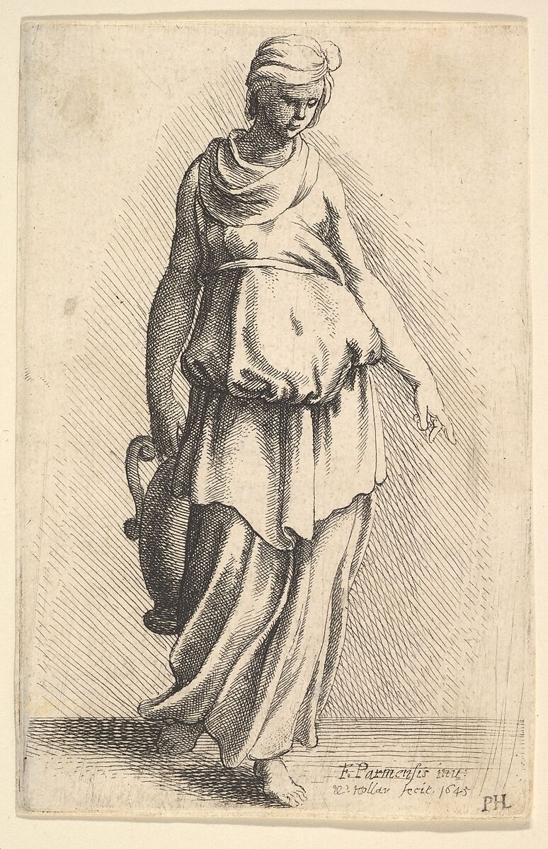 Standing female figure carrying a vessel, Wenceslaus Hollar (Bohemian, Prague 1607–1677 London), Etching: only state 