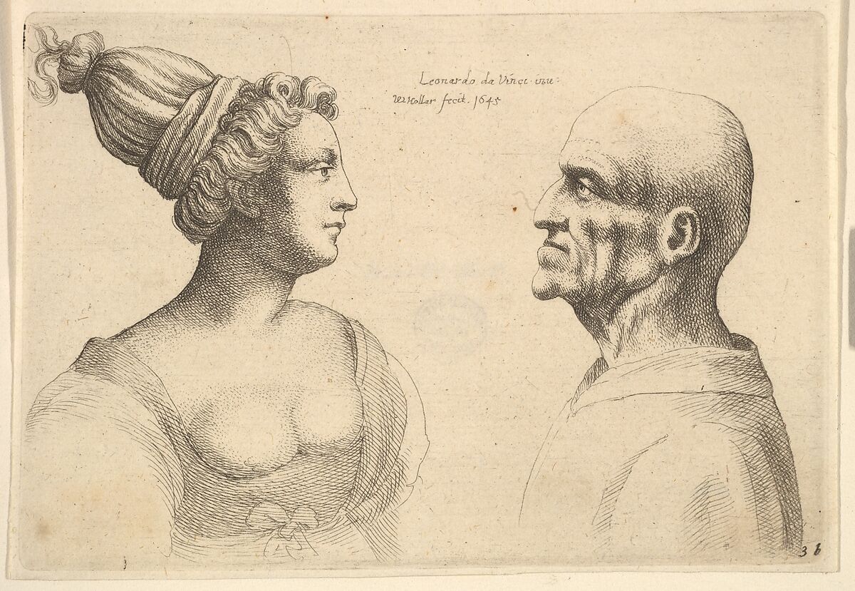 A female with hair tied back and a bald male facing each other, Wenceslaus Hollar (Bohemian, Prague 1607–1677 London), Etching; third state of three (NH) 