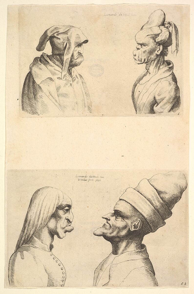 Two deformed heads facing each other, Attributed to Wenceslaus Hollar (Bohemian, Prague 1607–1677 London), Etching and engraving; second state of two