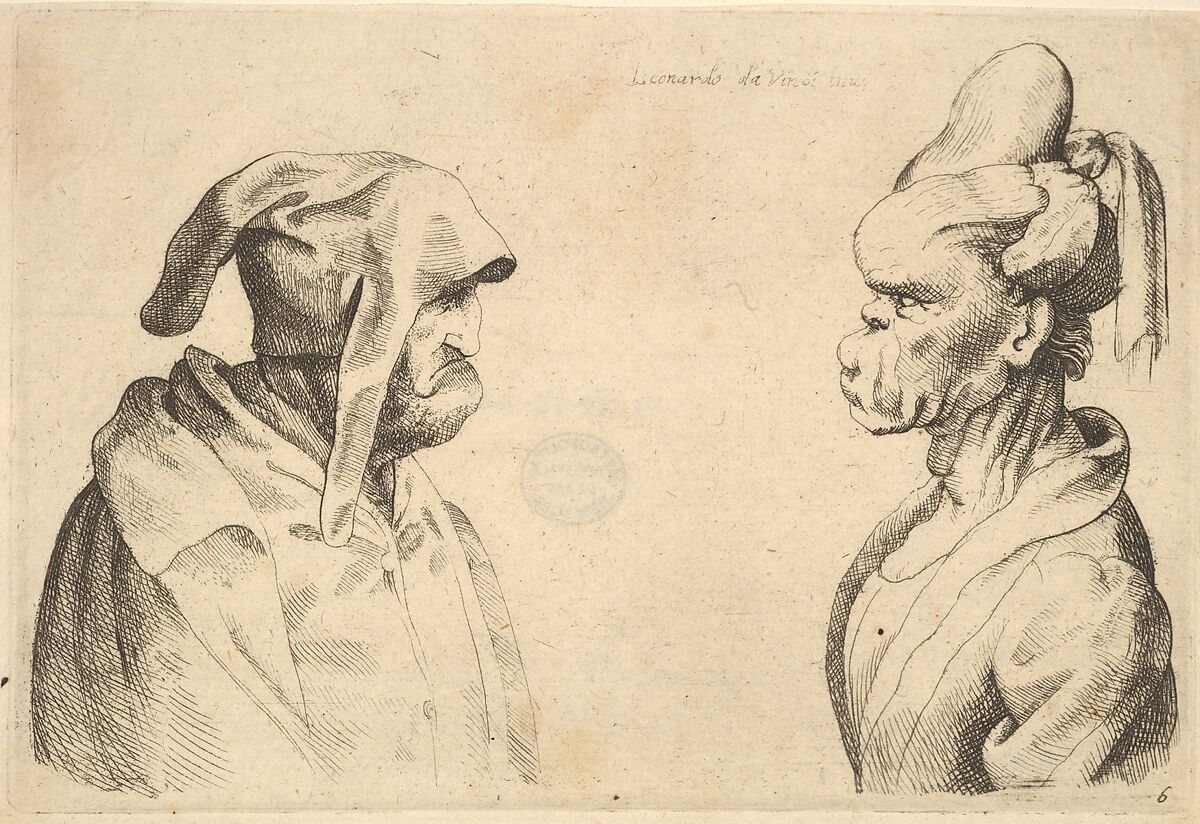 Two deformed heads facing each other, Attributed to Wenceslaus Hollar (Bohemian, Prague 1607–1677 London), Etching and engraving; second state of two 