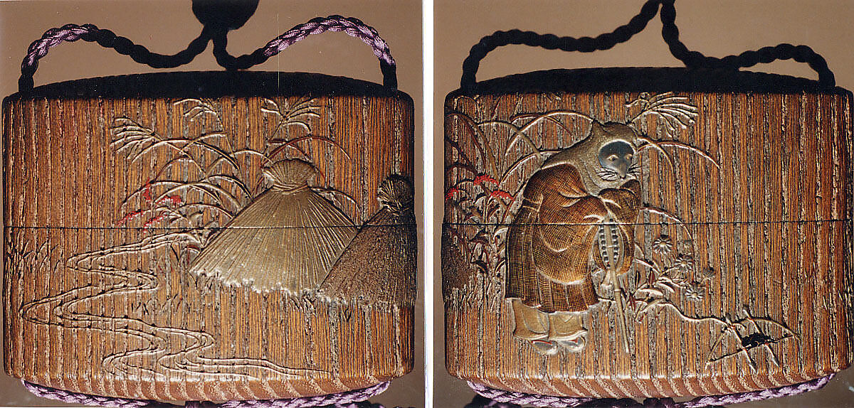 Case (Inrō) with a Fox from the Kyōgen Play "The Fox Hunter" (Tsurigitsune) (obverse); Haystacks and Stream from the Kyōgen Play "Hakuzosu" (reverse), Shibata Zeshin (Japanese, 1807–1891), Gold and colored lacquer on wood
Signed: Zeshin
Ojime: carved wooden dragon (signed: Ichiryūsai Furuta)
Netsuke: ceramic figure of Kaduzōsu (signed: Eiraku), Japan 