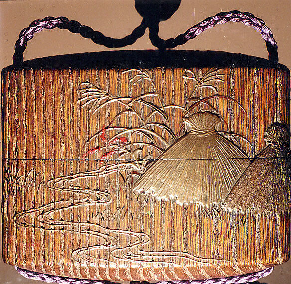 Case (Inrō) with a Fox from the Kyōgen Play "The Fox Hunter" (Tsurigitsune) (obverse); Haystacks and Stream from the Kyōgen Play "Hakuzosu" (reverse), Shibata Zeshin (Japanese, 1807–1891), Gold and colored lacquer on wood
Signed: Zeshin
Ojime: carved wooden dragon (signed: Ichiryūsai Furuta)
Netsuke: ceramic figure of Kaduzōsu (signed: Eiraku), Japan