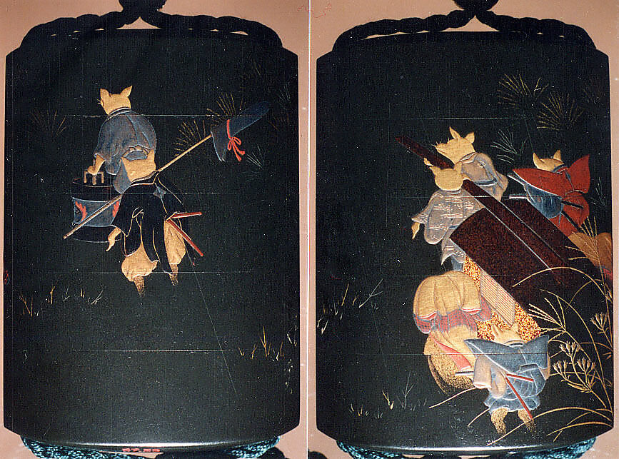 Case (Inrō) with Fox Wedding Procession, In the style of Shibata Zeshin (Japanese, 1807–1891), Colored lacquer and gold maki-e on wood

Netsuke: ivory in form of fox reclining on large leaf; Ojima: gold bead; connecting cord, dark green silk Inro with netsuke and ojime, Japan 