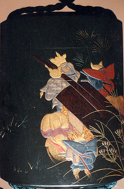 Case (Inrō) with Fox Wedding Procession, In the style of Shibata Zeshin (Japanese, 1807–1891), Colored lacquer and gold maki-e on wood

Netsuke: ivory in form of fox reclining on large leaf; Ojima: gold bead; connecting cord, dark green silk Inro with netsuke and ojime, Japan