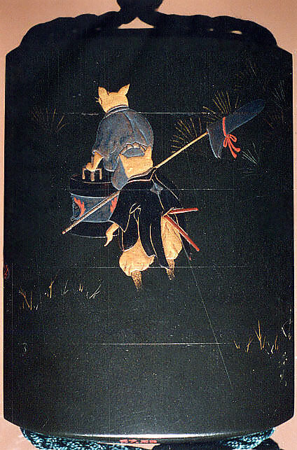 Case (Inrō) with Fox Wedding Procession, In the style of Shibata Zeshin (Japanese, 1807–1891), Colored lacquer and gold maki-e on wood

Netsuke: ivory in form of fox reclining on large leaf; Ojima: gold bead; connecting cord, dark green silk Inro with netsuke and ojime, Japan