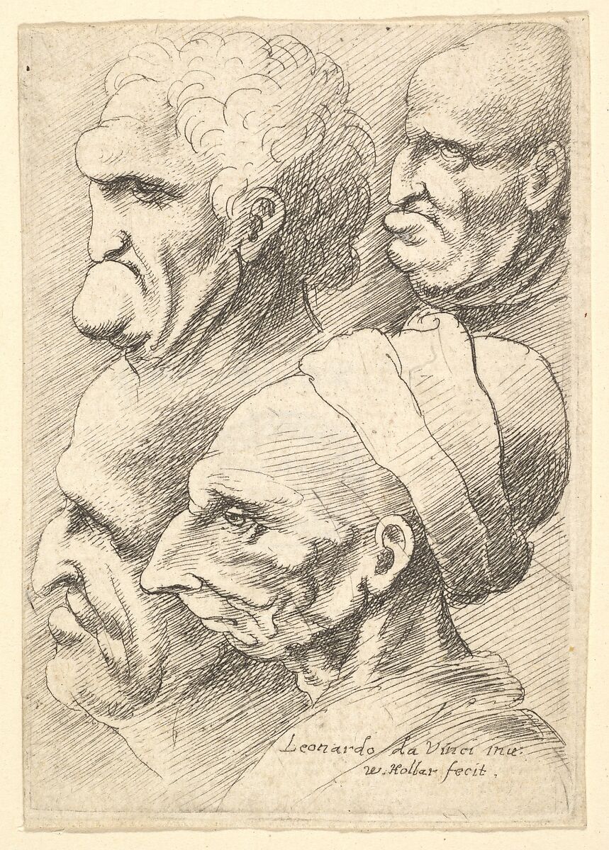 Four grotesque heads in profile to left, Wenceslaus Hollar (Bohemian, Prague 1607–1677 London), Etching; only state 