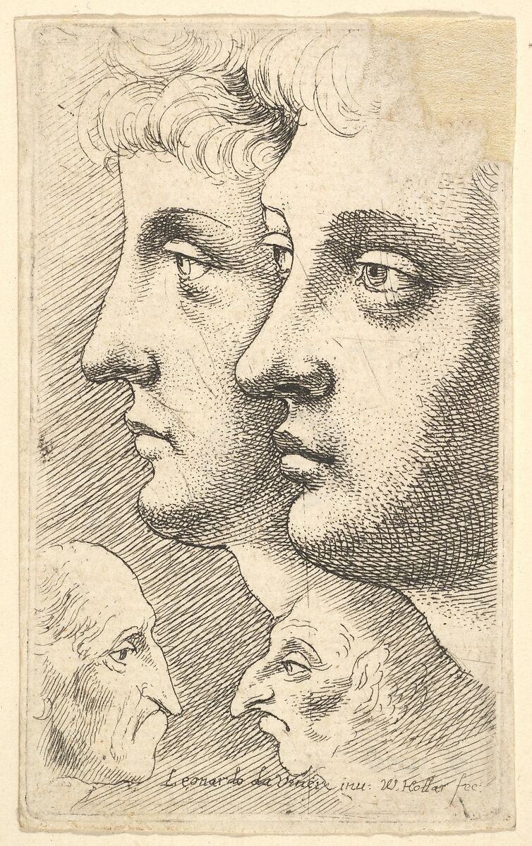 Two youths in profile to left with two grotesque heads facing each other below, Wenceslaus Hollar (Bohemian, Prague 1607–1677 London), Etching; only state 