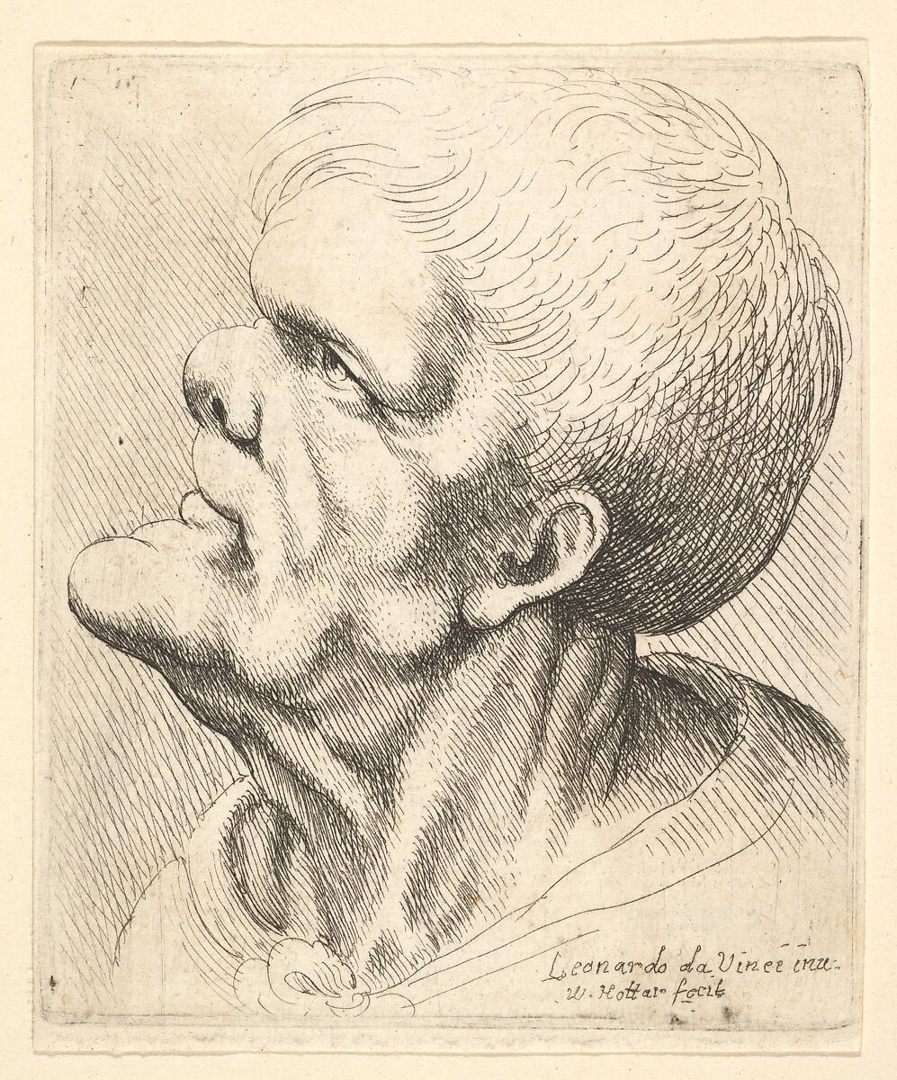 Head of a man with protruding chin and snub nose looking upwards in profile to left, Wenceslaus Hollar (Bohemian, Prague 1607–1677 London), Etching; only state 