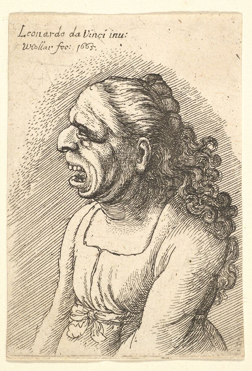 Bust of woman with wide-open mouth and long curly hair falling over her shoulders, wearing low-cut dress with ribbon round her waist, in profile to left, Wenceslaus Hollar (Bohemian, Prague 1607–1677 London), Etching;only state 