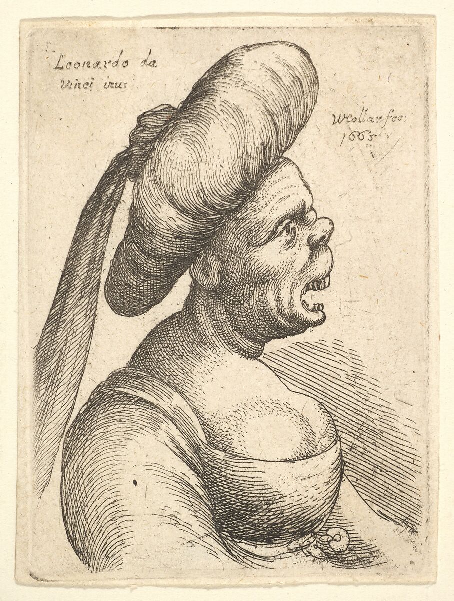 Bust of woman with wide open mouth and up-turned nose, wearing large flat turban with cloth hanging down behind in profile to right, Wenceslaus Hollar (Bohemian, Prague 1607–1677 London), Etching; only state 